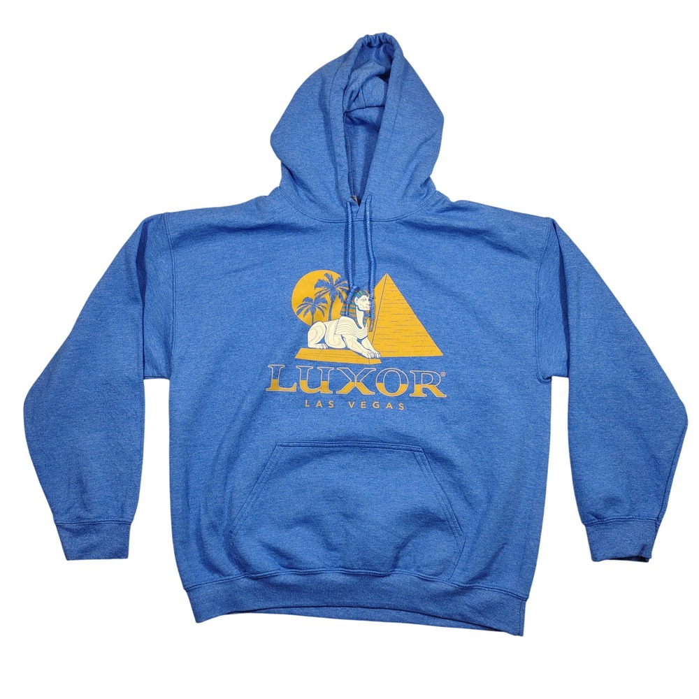 Gildan Luxor Las Vegas Hoodie Mens L Blue Graphic Sphinx Pyramid Cotton Poly